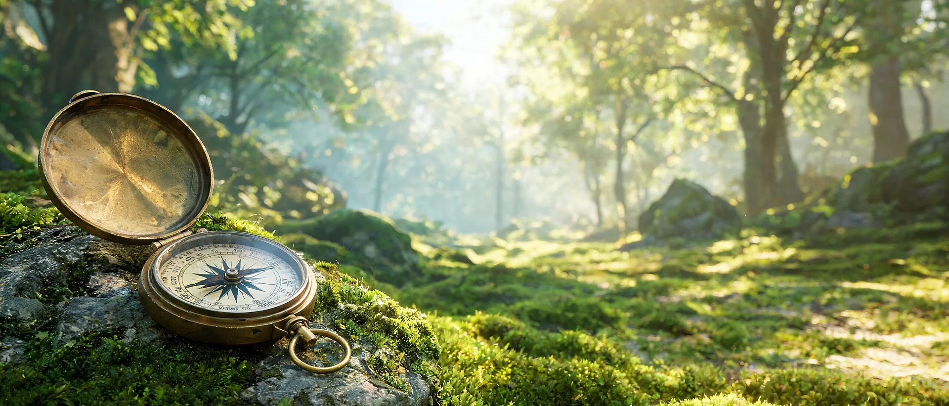 Kompass auf einem bemoosten Stein im sonnigen Wald