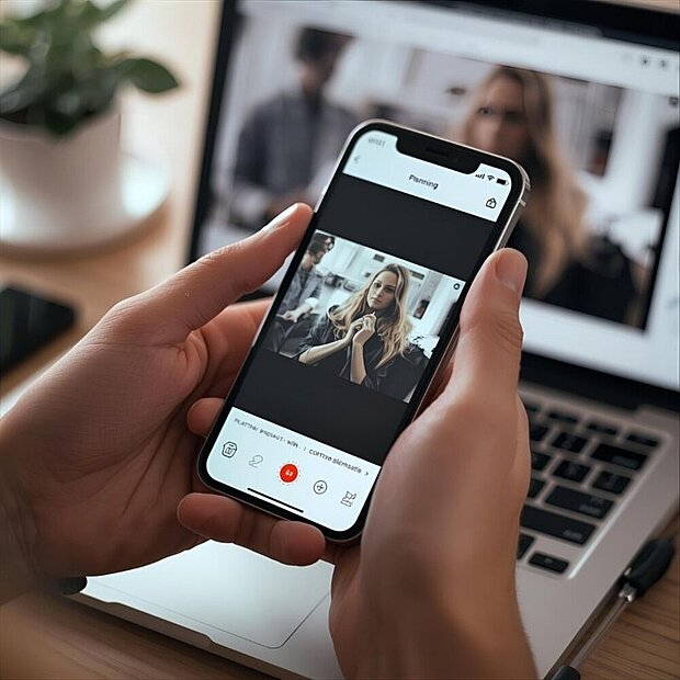 Smartphone mit Social-Media-Planung vor einem Laptop