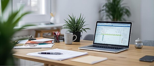 Schreibtisch mit Laptop, Notizen und Kaffeetasse