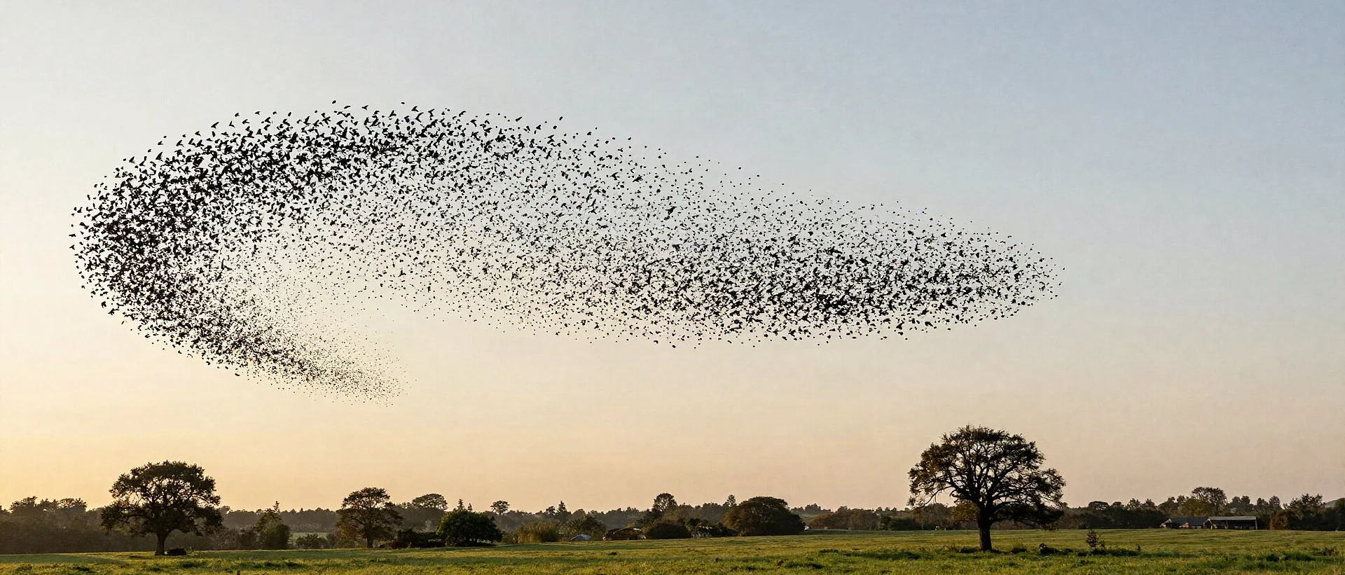 Starenschwarm formt eine fließende Figur im Abendhimmel über einer Wiese