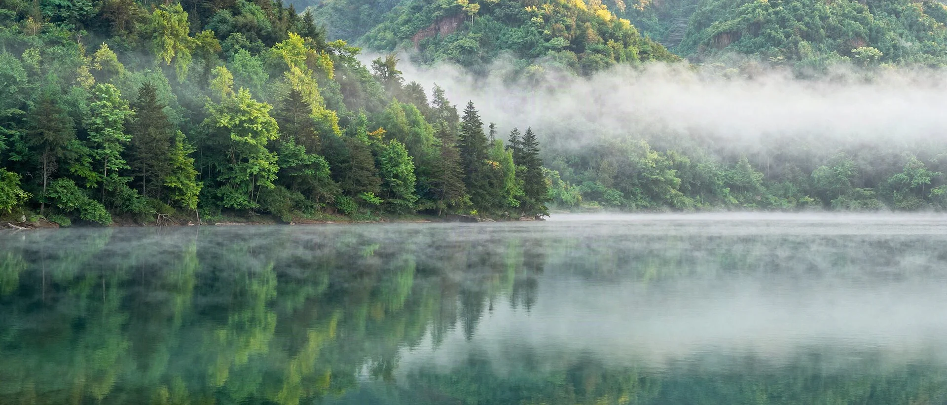 Morgennebel lichtet sich über einem klaren Bergsee mit Spiegelung des Waldes
